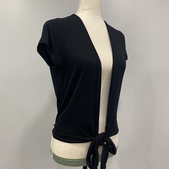 MAJESTIC PARIS L Black Super Washed Soft Touch Open Tie Front Short Sleeve Top 4 - Picture 2 of 12